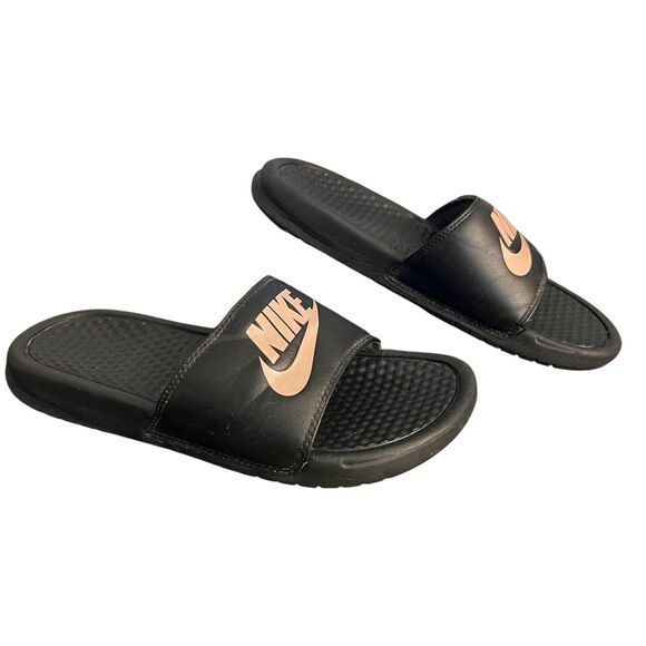 Nike Benassi JDI Slide Sandals Shoes Womens Size 7 Black Rose Gold 343880-007 - Picture 1 of 9